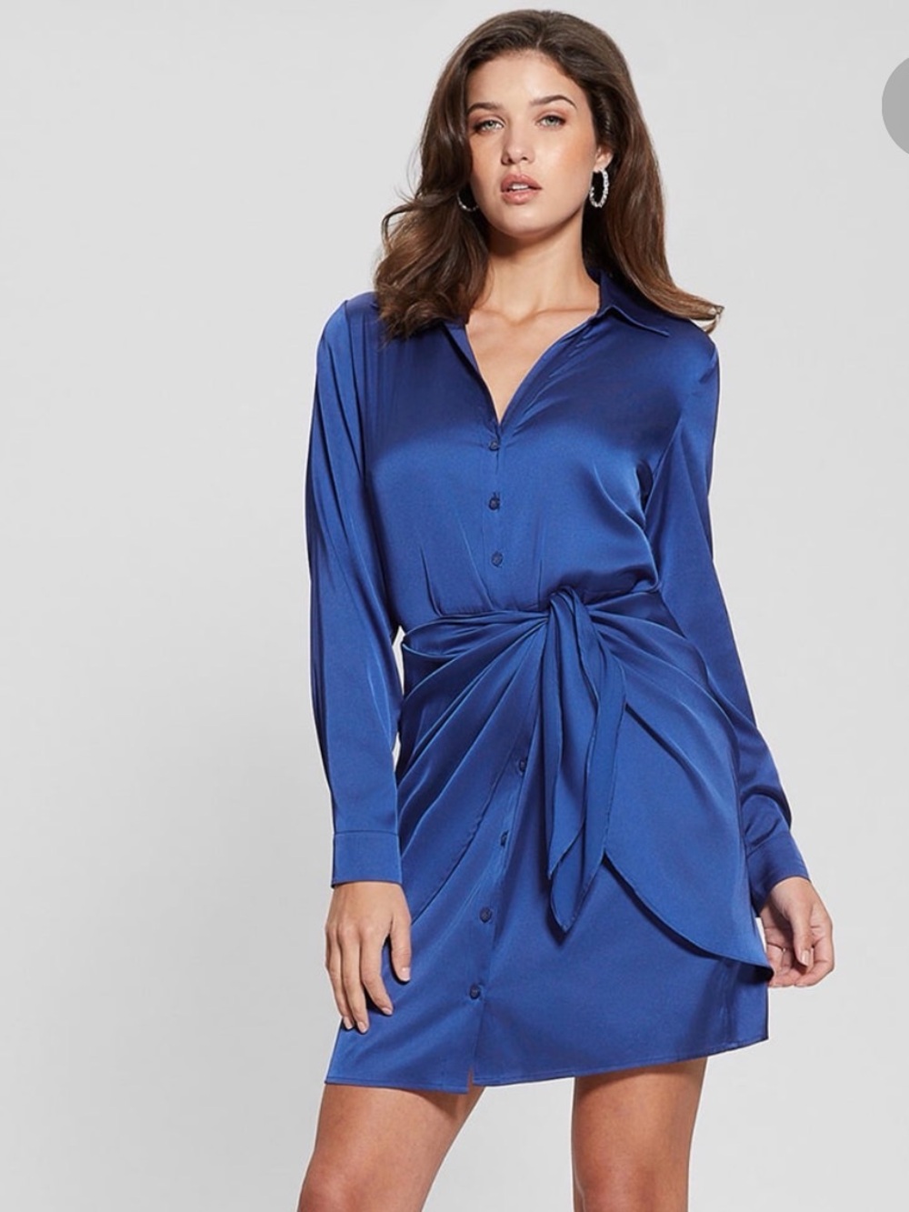 Guess Alya Long sleeved satin Chemisier Button-Front Tie-Waist Shirt Dress
